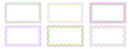 Set of colorful rectangle frames with wiggly edges. Rectangular shapes with wavy borders. Mirror, picture or photo vignettes, empty text boxes, tags or labels design elements. Vector illustration.のイラスト素材