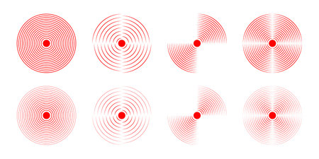 Set of red concentric circles. Pain localization icons. Sore or inflammation symbols. Pulse, shockwave or vibration sign. Soundwave, coverage, radar or sonar signal pictograms. Vector illustration.のイラスト素材