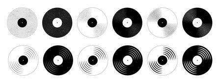 Set of vinyl disc icons. Turntable LP record disks isolated on white background. DJ equipment. 70s 80s 90s discotheque nostalgia symbols. Techno music pictograms. Vector graphic illustration.のイラスト素材