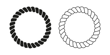 Round black and white round rope frames. Circles of cord, thread or cable, twine or jute isolated on white background. Design elements on maritime, yacht nautical theme. Vector outline illustration.のイラスト素材