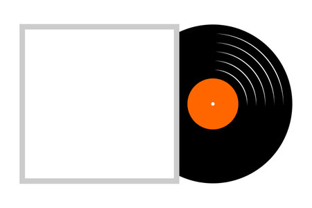 Removing vinyl record from the empty cover. Turntable LP or long play music disc isolated on white background. New single or song album concept. 60s 70s 80s nostalgia theme. Vector flat illustration.のイラスト素材