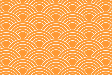 Orange arch shapes. Repeating suns wallpaper. Japanese seigaiha pattern. Sea or ocean waves background. Scallops print. Fish squama or dragon scale. Simple geometric ornament. Vector flat illustrationのイラスト素材