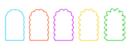Set of colorful arch frames with wavy edges. Archway shapes with wiggly borders in blurry aura effect. Mirror or portal frameworks, empty text boxes isolated on white background. Vector illustration.のイラスト素材