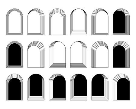Set of different concentric arch frames isolated on white background. Geometric arc shapes in trendy bohemian style. Window, door or gate silhouettes in archway form. Vector graphic illustration.のイラスト素材