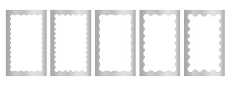 Set of silver rectangle frames with wavy inner borders. Metallos mirror, photo or picture frameworks. Luxury rectangular boxes, tags or labels isolated on white background. Vector illustration.のイラスト素材