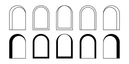 Set of different arch frames. Geometric arc shapes in trendy bohemian style. Window, door, portal or gate silhouettes in archway form isolated on white background. Vector graphic illustration.のイラスト素材