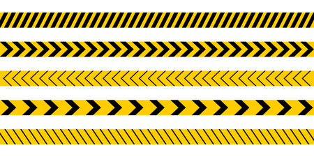 Set of caution tapes with black and yellow diagonal slashes or chevron print. Warning borders in construction work zone or crime scene. Danger, attention or forbidden signs. Vector flat illustration.のイラスト素材