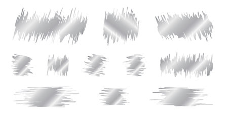 Silver scraped scratchcard textures. Collection of shining metallic surfaces of game tickets, promo code cards, lotteries or sale coupons isolated on a white background. Vector realistic illustration.のイラスト素材