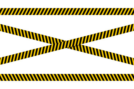 Set of horizontal and crossed caution tapes with black and yellow diagonal slashes print. Warning borders in construction work zone. Restricted, closed or emergency signs. Vector flat illustration.のイラスト素材