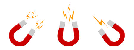 Set of red horseshoe magnets with lightning flashes isolated on white background. Magnetic power, attraction or influence concept. Vector flat illustration.のイラスト素材