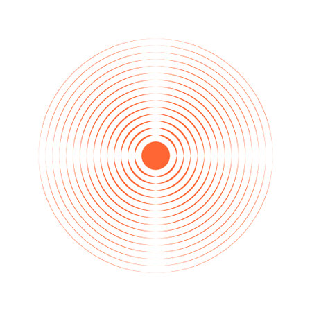 Pain localization icon. Red concentric circles. Ache or inflammation symbol. Pulse, shockwave, radiation or vibration sign. Coverage or damage, sound or sonar signal pictograms. Vector illustration.のイラスト素材