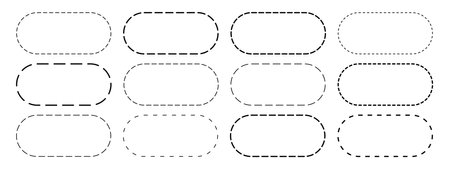 Set of oval shapes with dashed lines. Dotted geometric figures isolated on white background. Cut here pictograms for sale coupons or price tags. Vector outline illustration.のイラスト素材