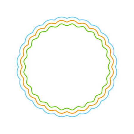 Round frame with wavy edges. Circle shape with wiggly borders. Blank box, tag or label isolated on white background. Vector illustration.のイラスト素材