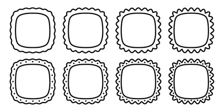 Set of squircles or squares with rounded borders frames with wavy edges. Vignettes for pictures, photos or mirrors. Empty boxes, tags or labels isoletd on white background. Vector graphic illustrationのイラスト素材