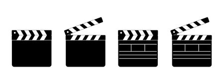Set of clapper board icons isolated on white background. Closed and open movie clapboard silhouettes. Camera and action concept. Cinema production objects. Vector graphic illustration.のイラスト素材