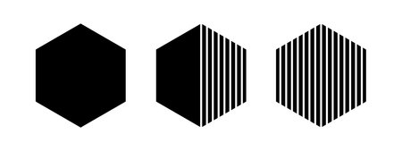 Black whole, streaked and half-striped hexagon geometric shapes isolated on white background. Minimalistic design elements. Vector graphic illustration.のイラスト素材