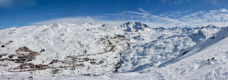 Panoramic View from the mountain over val thorens with aiguille peclet and the glacier of thorens....