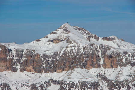 Perfect sunset view of Italy dolomites sella stock piz boe sella ronda in italy. blue sky in winter...