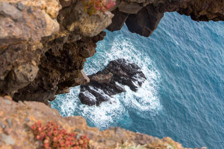 Stormy sea and rocks in the waves at ponta Sao lourenco at the edge of the island of madeira,...