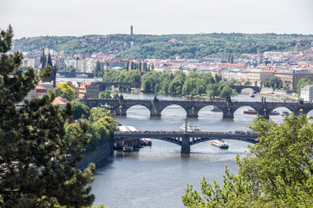 Prague panorama charles bridge river from mountain skyviewの写真素材