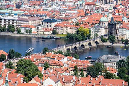 Prague panorama charles bridge river from mountain skyview