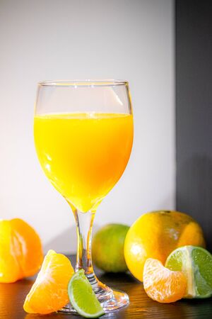 Soft Focus,Close-up shot, squeezed orange juice with lemon juice separating the perfect flavor, citrus scent of lemon, squeezed orange juice, lemon orange juiceの写真素材