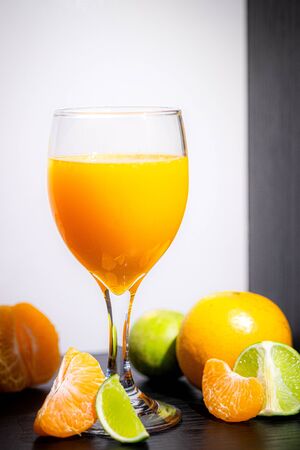 Soft Focus,Close-up shot, squeezed orange juice with lemon juice separating the perfect flavor, citrus scent of lemon, squeezed orange juice, lemon orange juiceの写真素材