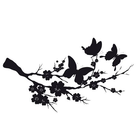 black butterfly, flower branch, isolated on a whiteのイラスト素材