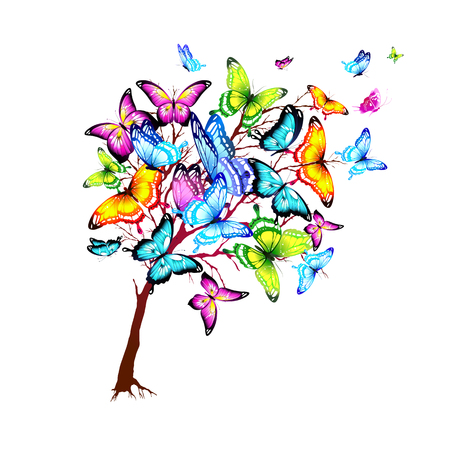 beautiful color butterflies, tree, isolated  on a whiteのイラスト素材