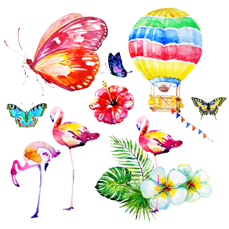 beautiful tropical palm leaves and flamingo, watercolorの写真素材
