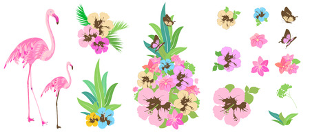 Pineapple with Hawaiian flowers, exotic fruit, isolated on a whiteのイラスト素材