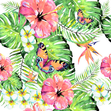 Hawaiian flowers, butterflies, watercolor, exotic plants, isolated on a whiteの写真素材
