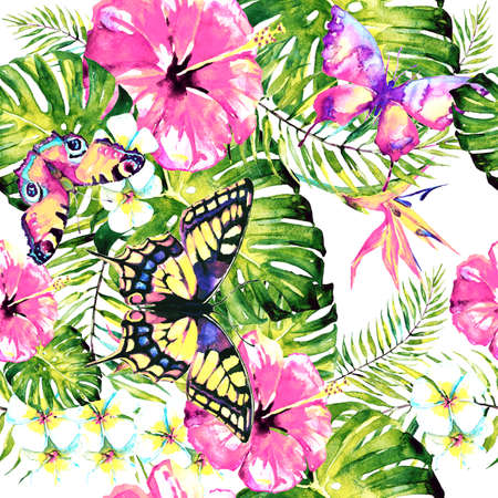 Hawaiian flowers, butterflies, watercolor, exotic plants, isolated on a whiteの写真素材