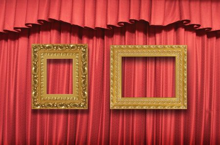 Red curtain with vintage gold framesの写真素材