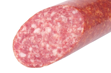 Hard salami isolated on white background の写真素材