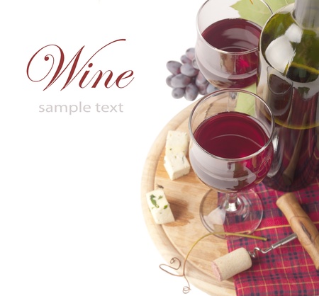 Cheese and red wine, isolated on white background の写真素材