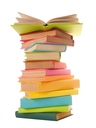 close up of stack of colorful books on white background の写真素材