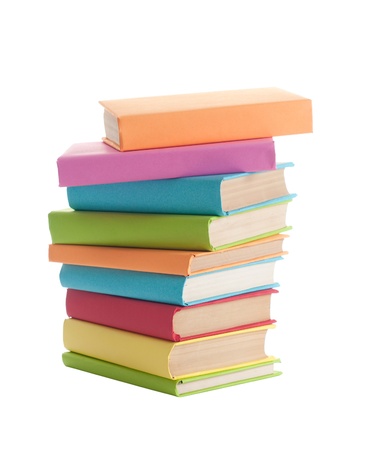 close up of stack of colorful books on white backgroundの写真素材