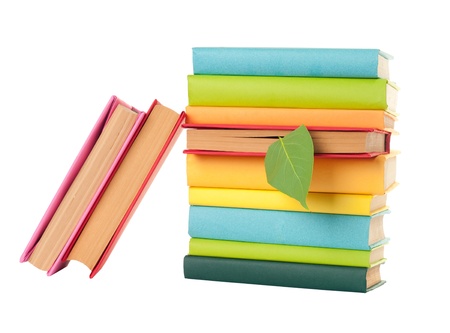 green leaf bookmark in a book isolated on white background の写真素材