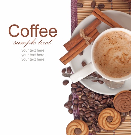 Fresh coffee with milk in cup with cookie close up. Selective focus の写真素材