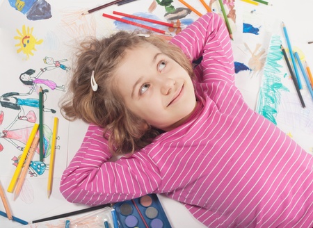 Preschool girl drawing の写真素材