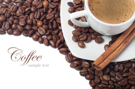 Coffee cup and grain on white background の写真素材