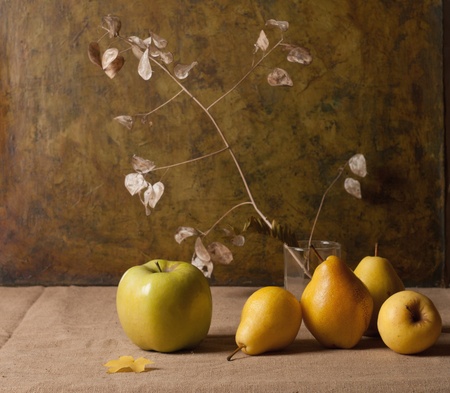 Still Life with apples and autumn leaves の写真素材