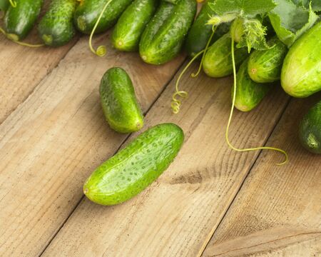 fresh cucumbers on wooden tableの写真素材
