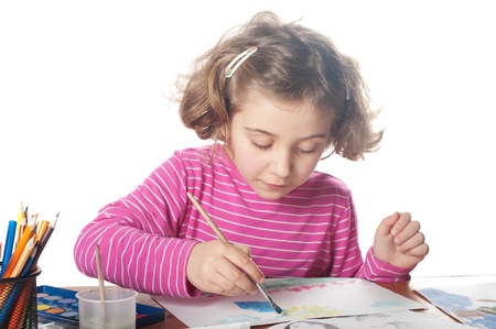 Little child, drawing paint. Isolated on white の写真素材