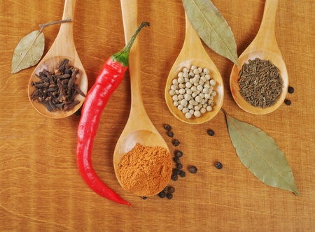 spices in the spoons on wooden background の写真素材