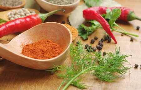 spices in the spoons on wooden background の写真素材