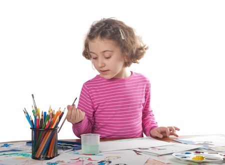 Little child, drawing paint. Isolated on white の写真素材