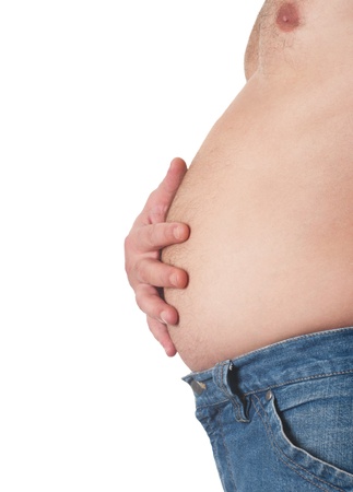 big belly of a fat man isolated on whiteの写真素材