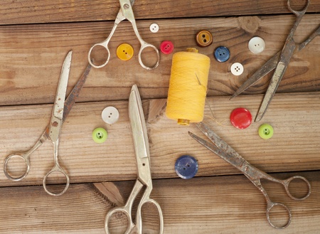 background of the old tools for sewingの写真素材